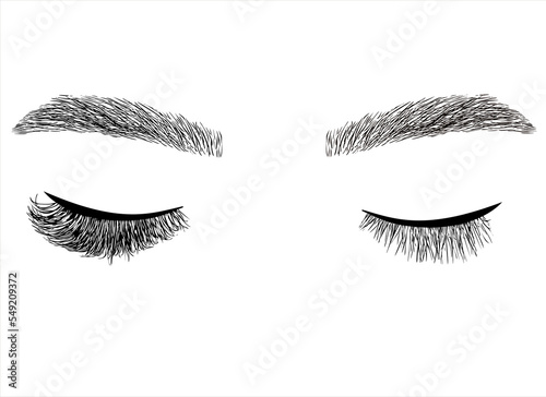 Eyelash extension illustration. Long-lasting styling of the eyebrows. Eyebrow lamination. Professional make-up and face care.