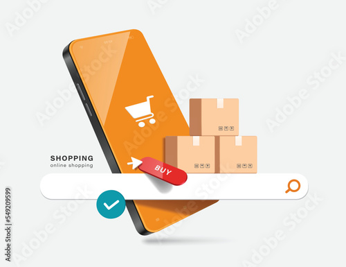 parcel boxes or cardboard boxes, search bar,buy icon,confirm icon appear and display front smartphone