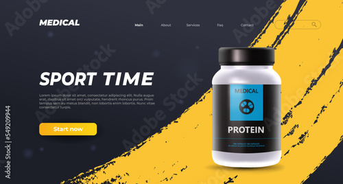 Banner template with jar black protein sport 3d container. Amino acids Round pack for muscle training. Realistic cylindrical jar with vitamins.