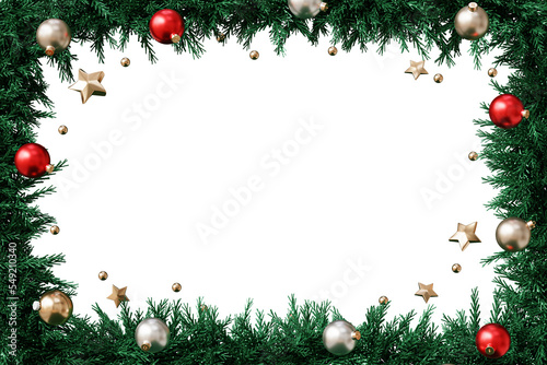 Baubles and Christmas wreath frame, holidays card, 3d render.