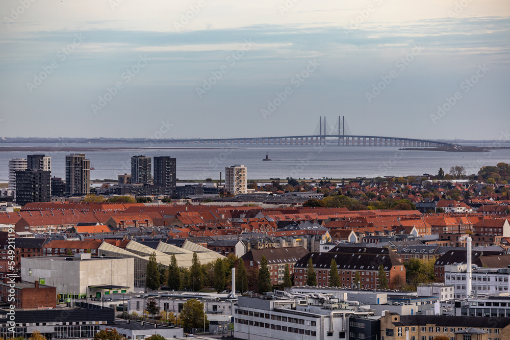 Copenhagen, Denmark The city skyline and a view of the Oresund bridge to Sweden.