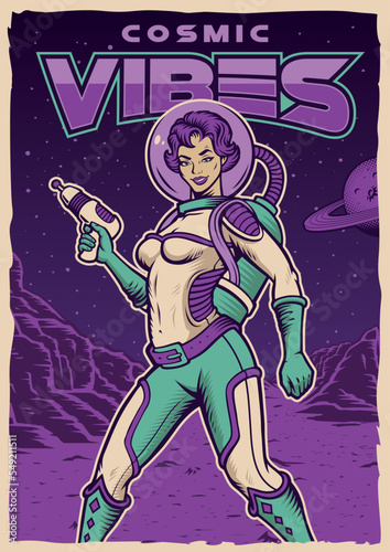 Pin-up Girl Astronaut with a cosmic weapon Vintage poster for space theme