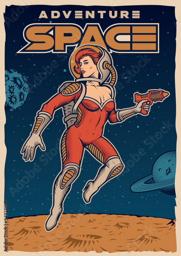 Pin-up Girl Astronaut  Vintage poster for space theme