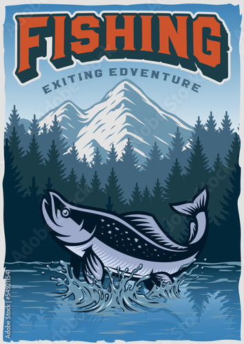 Vintage poster on the theme of fishing with lake