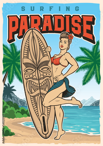 Colour vintage poster with a pin up girl with a surfboard