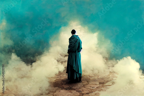 Hooded monk contemplating in a cloud of turquoise smoke, gen art