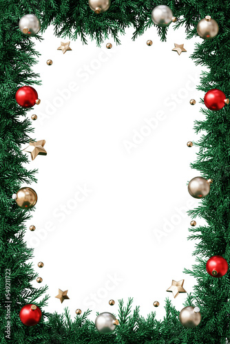 Baubles and Christmas wreath frame, holidays card, 3d render.