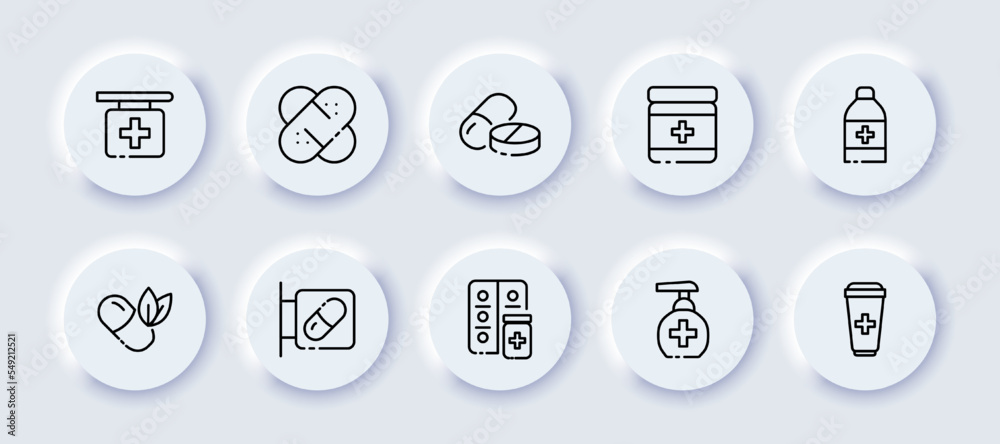 Medicine set icon. Pharmacy signboard, band aid, pills, jar, bottle, leaves, herbal, eco friendly, blister, dispenser, cup. Healthcare concept. Neomorphism style. Vector line icon for Business
