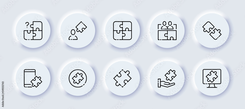 Puzzle pieces set icon. Question mark, search for answers, problem solving, creativity, hand, team, philosophy, distribute tasks, computer. Thinking concept. Neomorphism. Vector line icon for Business