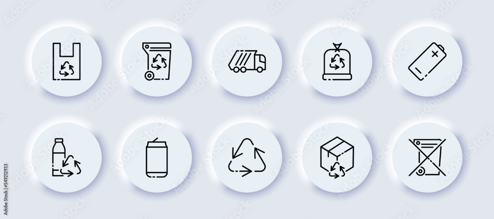Recycling set icon. Biodegradable bag, arrows, waste sorting, trash can, secondary raw materials bag, battery, bottle, tin, cardboard, do not throw away. Ecology concept. Neomorphism. Vector line icon