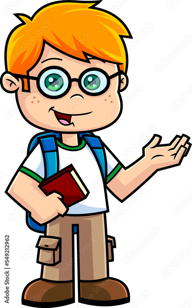 Happy School Boy Cartoon Character With Textbooks Speak. Hand Drawn Illustration Isolated On Transparent Background