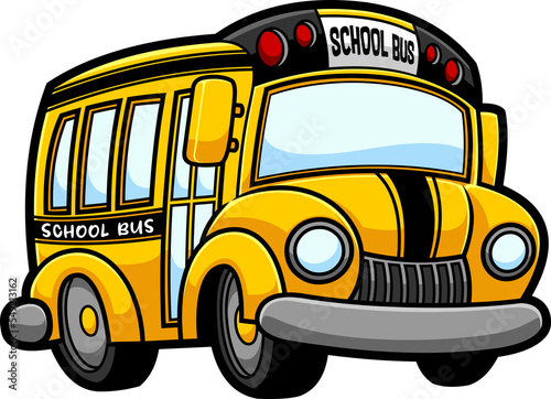 Cartoon Yellow School Bus. Hand Drawn Illustration Isolated On Transparent Background