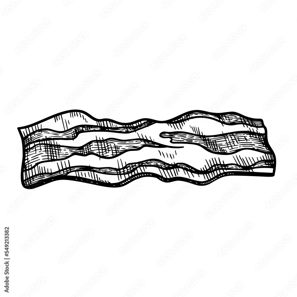 Hand drawn sketch style bacon slice. Fresh or roasted fried bacon piece
