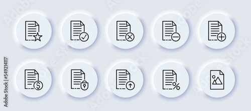 File management set icon. Control buttons, website, star, tick, cross, minus, plus, dollar, lock, unload, percent, graphic file, image. Business concept. Neomorphism. Vector line icon for Advertising