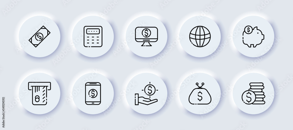 Financial management set icon. Dollar bills, calculator, computer, planet, piggy bank, savings, terminal, atm, banking application, hand, coin, cents, salary. Business concept. Neomorphism style