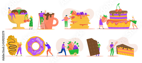 People with desserts isolated on white set of vector illustrations. Tiny char...