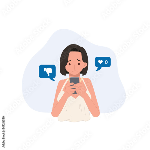 online social addict concept. woman holding smartphone and getting sad due to no one give like to her picture. Flat vector  cartoon character illustration.