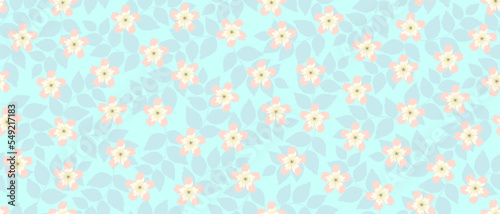 Horizontal seamless pattern in delicate pastel colors with the image of wildflowers on a background of leaf shadows on a pale blue background. It is well suited for wallpaper, textiles, paper