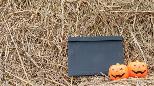 Small blackboard and artificial pumpkins on rice straws with copyspace                                photo