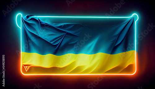Flag of Ukraine in a neon luminous frame on a dark background.