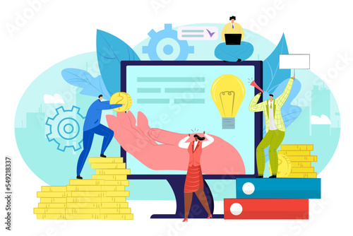 Business idea online crowdfunding concept, vector illustration. People character invest money finance for project. Internet investment