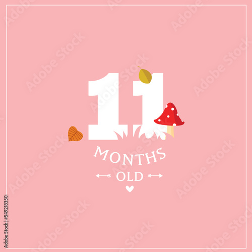 Print. Cute vector card "I'm 11 months old". Pink postcard for a photo of a child. First year of life. birthday