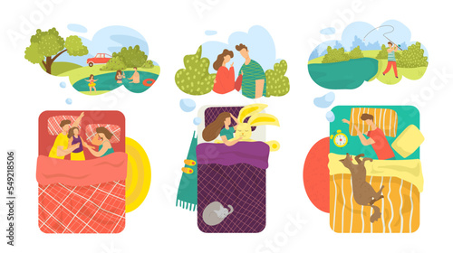 Bed set, night dream in bedroom vector illustration. Man woman flat character sleep with blanket collection, cartoon asleep people see dream.