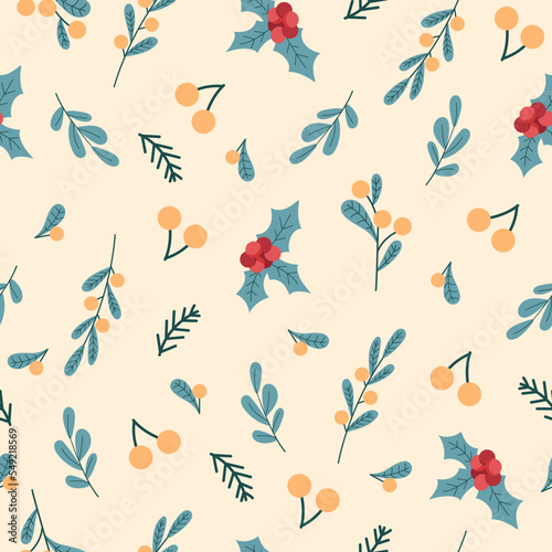 Winter seamless vector pattern with holly berries, winter leaves