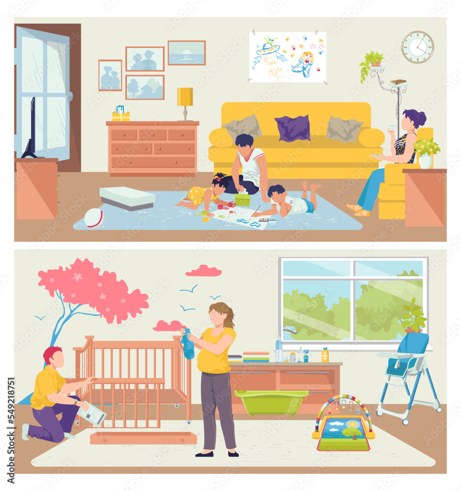 Family at home, vector illustration. Flat people father mother man woman character happy together at room, leisure set. Girl boy have fun