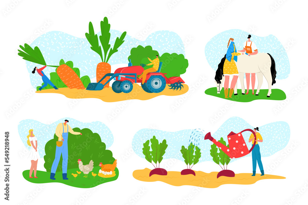 Naklejka premium Farm set with animal, cartoon agriculture farming vector illustration. Cartoon farmer man woman people pick plant, make agricultural work.