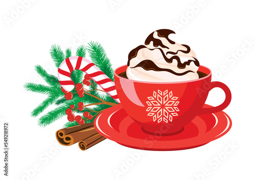 Red mug of hot chocolate with whipped cream icon vector. Cup of cocoa drawing. Winter beverage and christmas decorations icon vector isolated on a white background