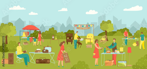 Garage sale, street market with clothes vector illustration. Flat man woman character buy cartoon vintage clothes, flea market design.
