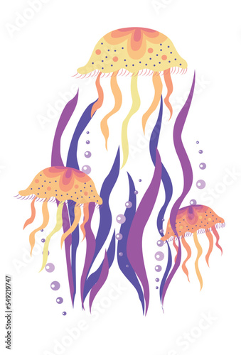 Jellyfish with bubbles and seaweed