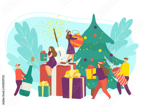 Happy new year celebration with holiday gift concept, vector illustration. Ca...