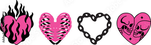 Vector black and pink hearts in emo style hand drawn photo