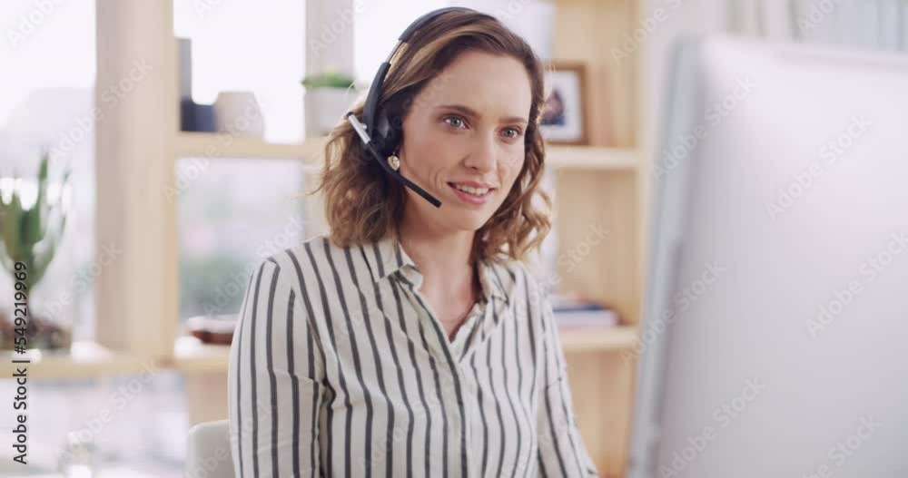 Crm, customer service and call center woman talking on a phone consultation with web support. Contact us, telemarketing and employee computer consultant call working on customer support sales