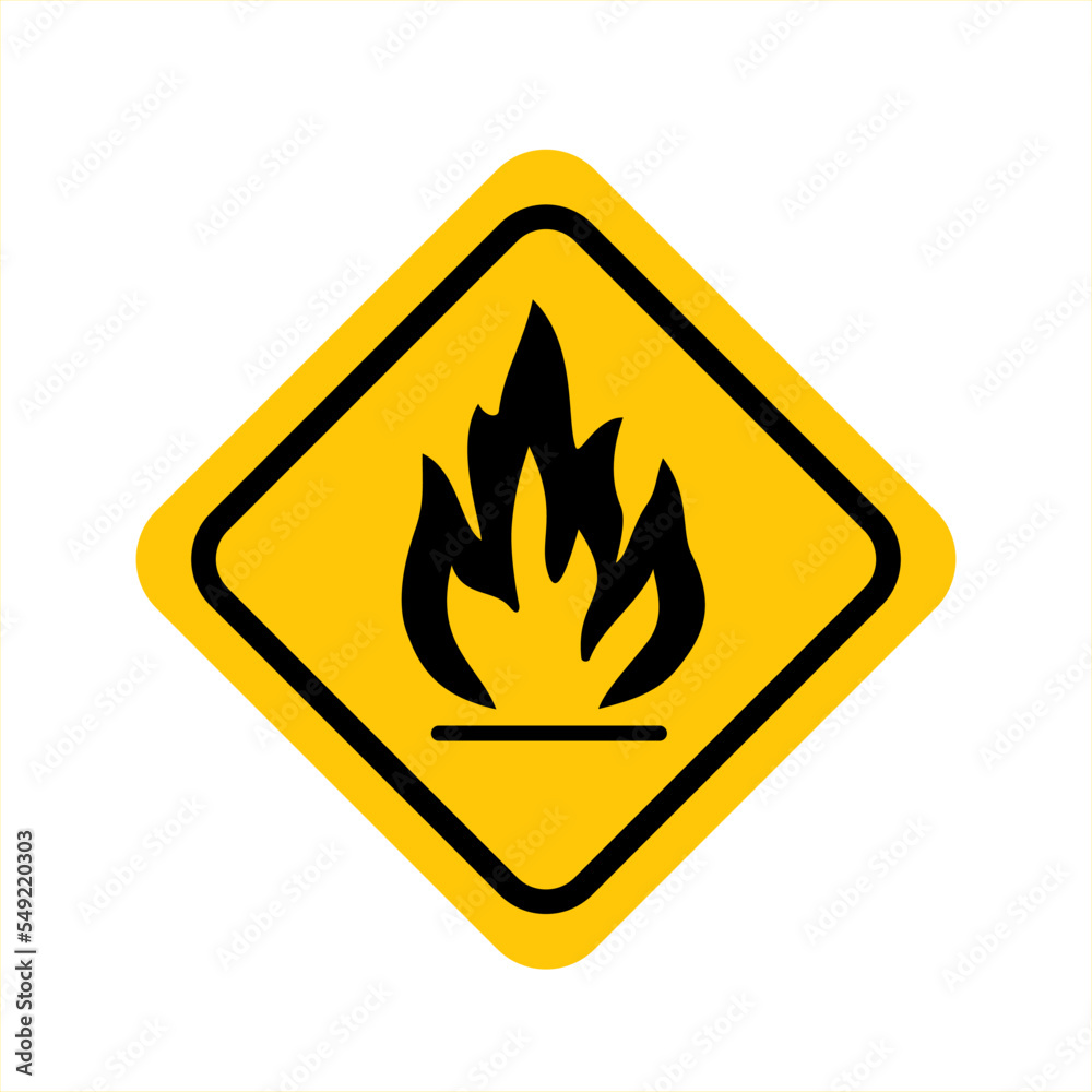 Danger warning caution. Flammable substances sign. Yellow rhombus sign board warning sign with flame fire inside. Caution flammable materials. Vector illustration EPS 10 Danger warning caution. Flammable substances sign. Yellow rhombus sign board warning sign with flame fire inside. Caution flammable materials. Vector illustration EPS 10