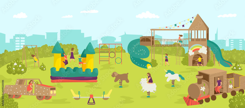 Playground in park, happy childhood vector illustration. Cartoon boy girl character play at nature, summer outdoor background.