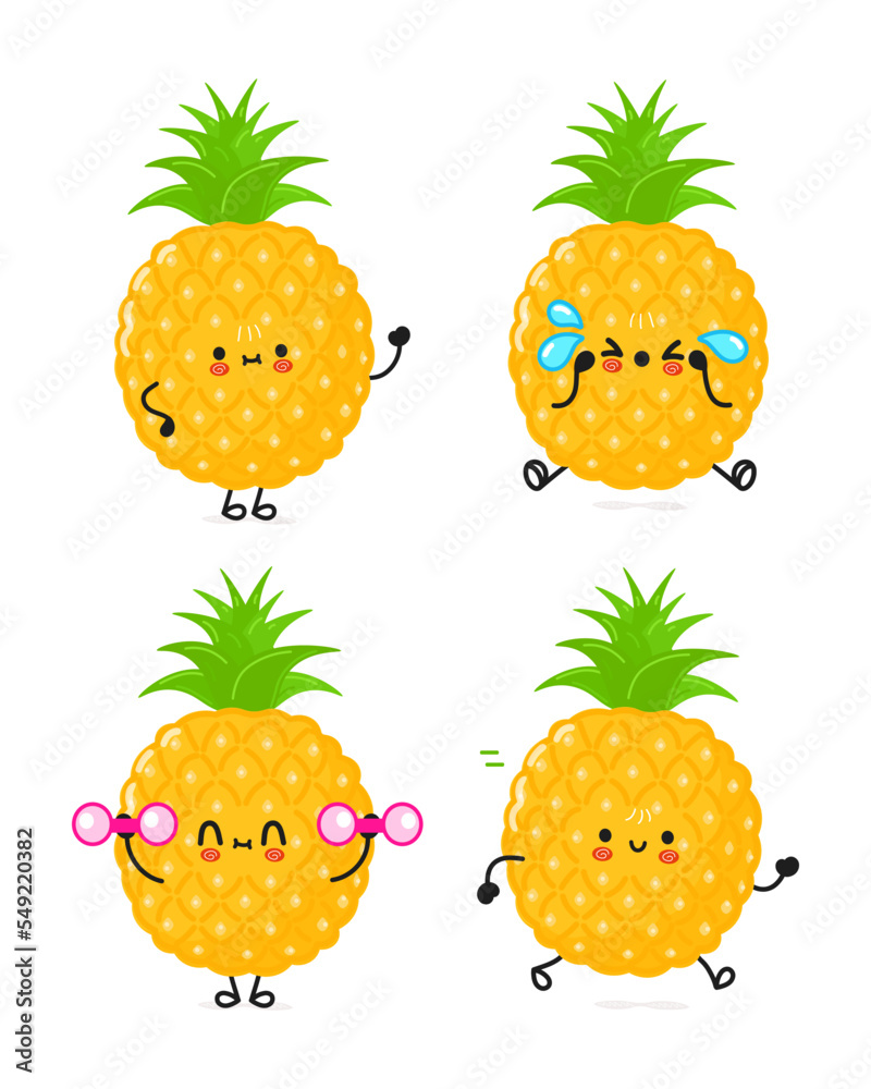 Funny cute happy pineapple characters bundle set. Vector hand drawn ...