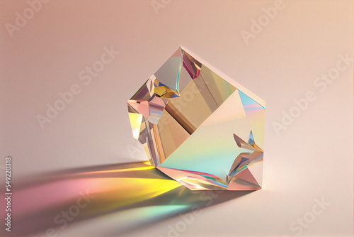 An irregularly shaped broken prism, crystal through which light passes and leaves iridescent traces on the surface. Minimalistic light beige background.	 photo