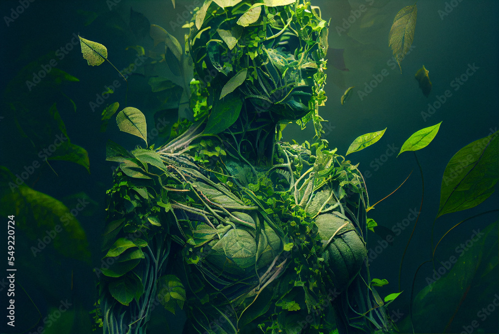 Fototapeta premium An illustration of a man formed from a plexus of various green plants. Green background.