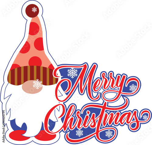 Christmas card with cute Scandinavian gnome. Flat cartoon style gnome character.