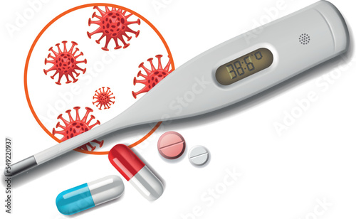 electronic thermometer and pills. Pharmacy, medical care and equipment concept
