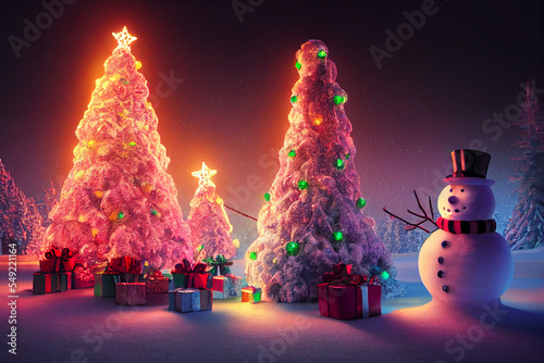 Christmas illustration in the form of a Christmas tree, a snowman and gifts on a snowy background. Christmas abstract for decor, background, template, banner