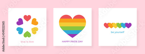 LGBT Pride concept templates for postcard, social media post, cover design, flyer, logo. Hearts in LGBT flag colors.