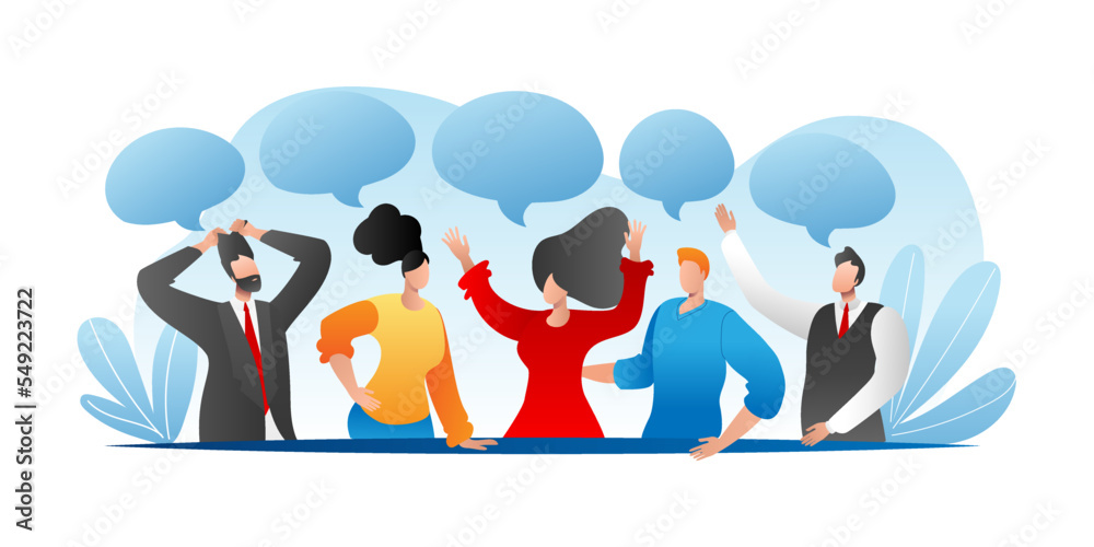 People person with different opinion, communication by speech bubble, vector illustration. Business man woman discussion, cartoon group dialog.