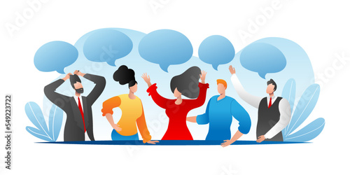 People person with different opinion, communication by speech bubble, vector illustration. Business man woman discussion, cartoon group dialog.