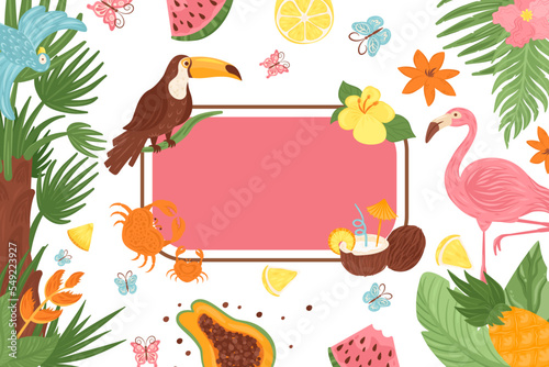 Tropical banner, exotic frame with palm leaf vector illustration. Summer plant element design background, floral jungle nature.