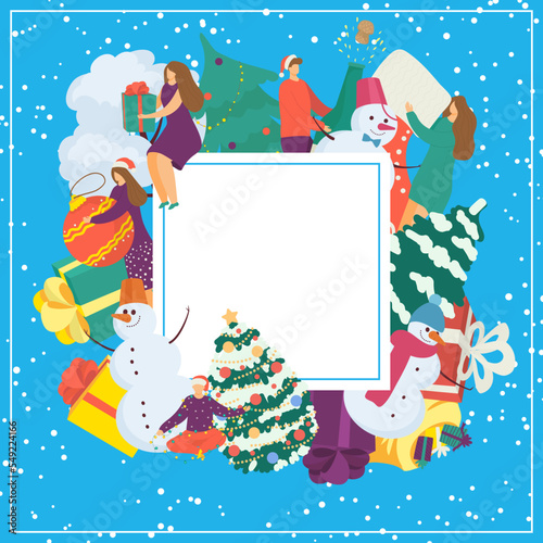 Winter sale banner vector illustration. Woman man character at christmas cart...