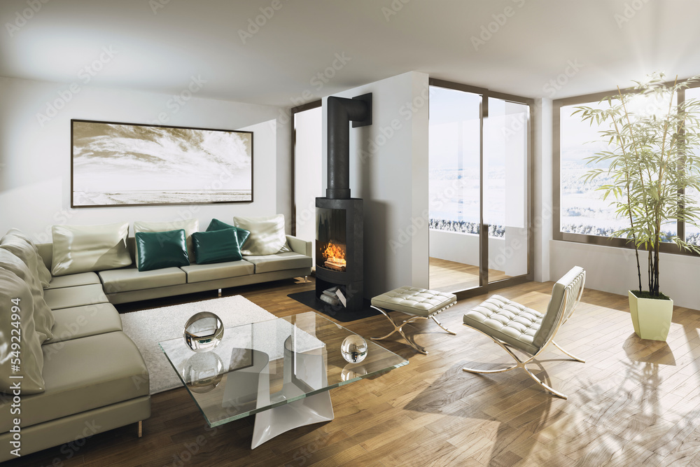 Fototapeta premium Winter am Kaminofen in einem modern eingerichtetem Apartment - 3D Visualisierung